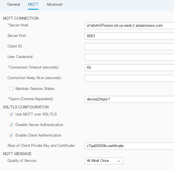 Integration with AWS IoT using the Advantco MQTT adapter